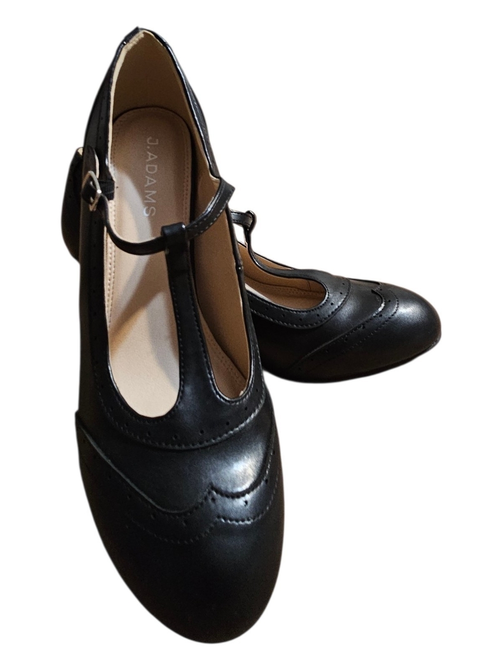 J. Adams Black T-Strap Heels with Decorative Stitching